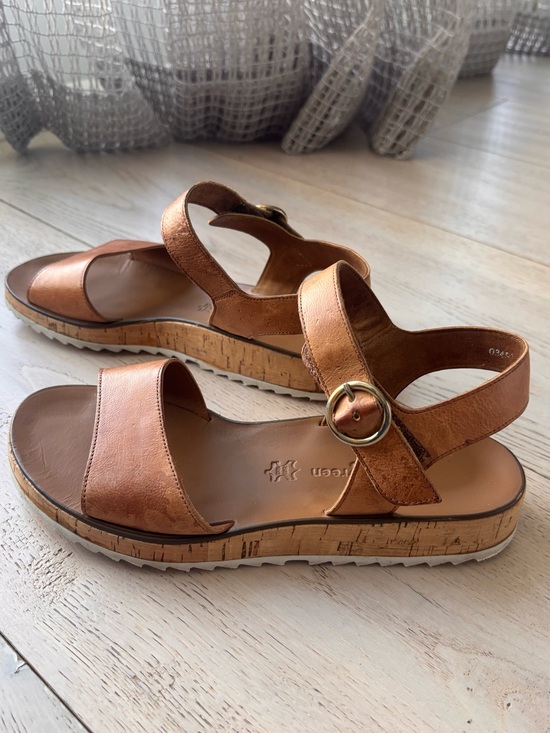 Paul Green Shoes - Paul Green Tan Leather Cork-Platform Sandals with Gold Buckle